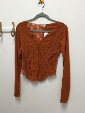 POL Rust Orange Lace-Panel Long Sleeve Top